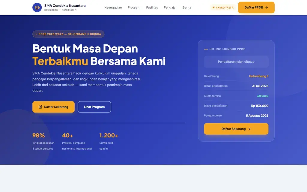 Pratinjau website SMA Cendekia Nusantara
