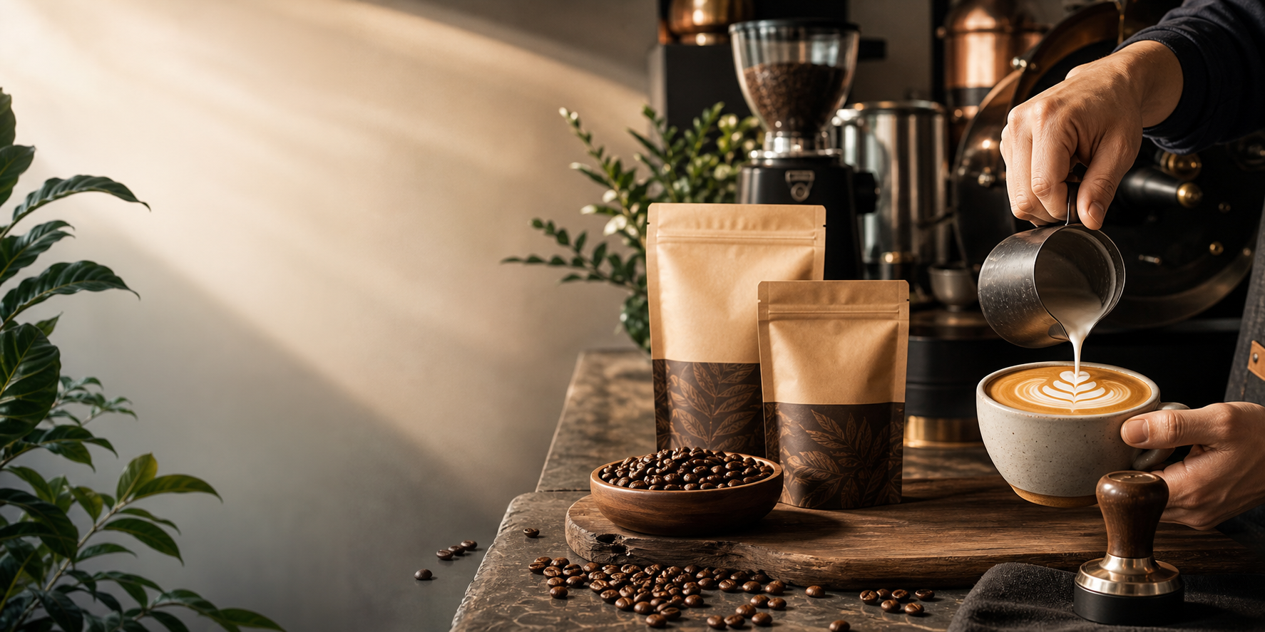 Barista menuangkan susu membentuk latte art di atas kopi Nusa, dengan kemasan biji kopi di meja kayu